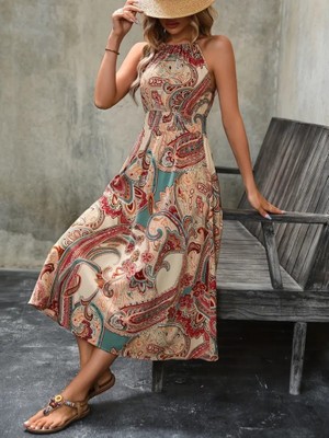 Civetta Kadın Kolsuz Boyundan Bağlamalı Beli Lastikli Dijital Baskı Süprem Uzun Elbise