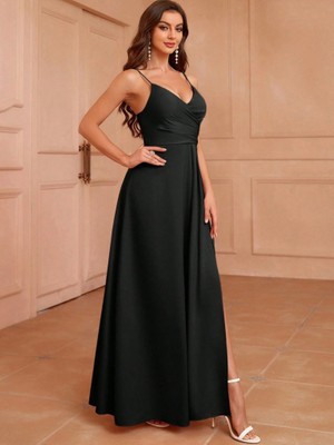 Buğrahayalin Kadın Ip Askılı Kruvaze Yakalı Yırtmaçlı Uzun Ithal Krep Elbise