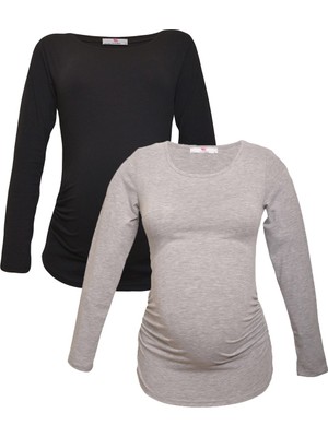 Luvmabelly Hamile Sweatshirt Seti Kadın Uzun Kol Siyah Gri Desenli Ekstra Rahat