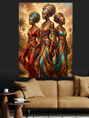 Karizma Tablo Geleneksel Kıyafetli Iki Afrikalı Kadın Dekoratif Kanvas - Mdf Ahşap Tablo
