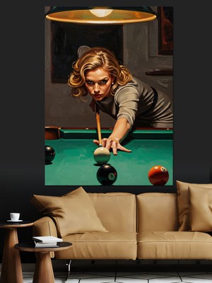 Karizma Tablo Bilardo Masasında Poz Veren Kadın Dekoratif Kanvas - Mdf Ahşap Tablo