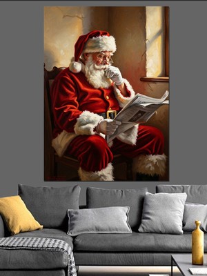 Karizma Tablo Gazete Okuyan Nostaljik Noel Baba Dekoratif Kanvas - Mdf Ahşap Tablo