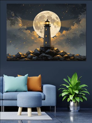 Karizma Tablo Ay Işığında Uzak Deniz Feneri Dekoratif Kanvas - Mdf Ahşap Tablo