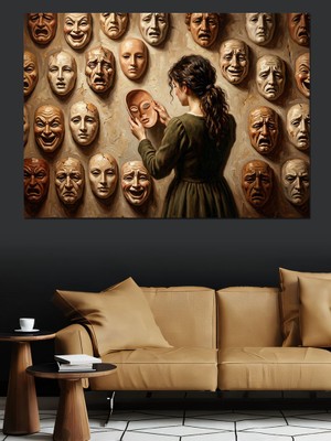 Karizma Tablo Maskelerle Çevrili Düşünceli Kadın Figürü Dekoratif Kanvas - Mdf Ahşap Tablo