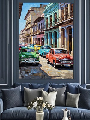 Karizma Tablo Küba Sokaklarında Renkli Klasik Arabalar Dekoratif Kanvas - Mdf Ahşap Tablo