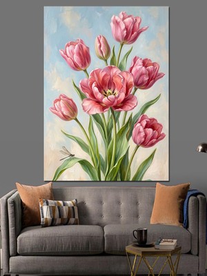 Karizma Tablo Buket Halinde Pembe Laleler Tablosu Dekoratif Kanvas - Mdf Ahşap Tablo
