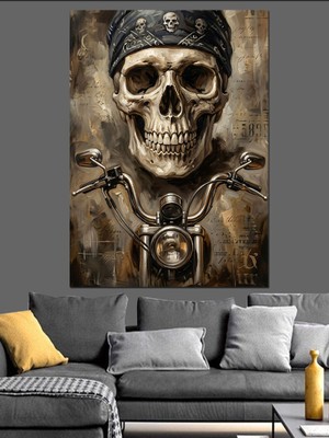 Karizma Tablo Motosiklet Üzerinde Savaşçı Kurukafa Portresi Dekoratif Kanvas - Mdf Ahşap Tablo