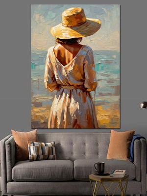 Karizma Tablo Kumsalda Şapkalı Kadın Arkadan Görünüm Dekoratif Kanvas - Mdf Ahşap Tablo