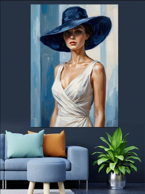 Karizma Tablo Mavi Şapkalı Beyaz Elbiseli Kadın Dekoratif Kanvas - Mdf Ahşap Tablo