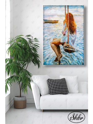 Şehber Tekli Dikey Dekoratif Kanvas Tablo Salon Yatak Odası Kafe Ofis Salıncakta Sallanan Kadın