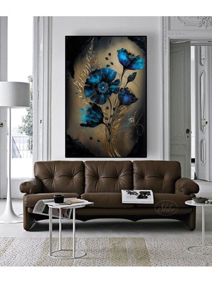 Şehber Tekli Dikey Kanvas Duvar Tablosu Mavi Çiçek Dekoratif Kanvas Tablo