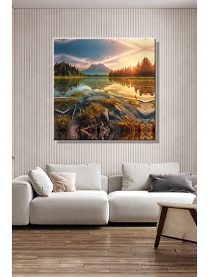 Şehber Doğa Manzara Kanvas Duvar Tablosu Yatay Tekli Gölde Günbatımı