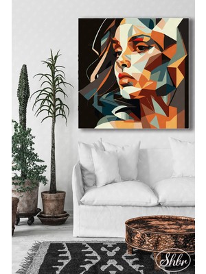 Şehber Tekli Kare Kanvas Duvar Tablosu Salon Yatak Odası Mutfak Kafe Ofis Kubizm Kadın Portre