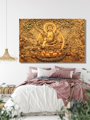 Şehber Tekli Yatay Kanvas Tablo, Buda, Meditasyon, Yoga, Yaşam Ağacı, Dekoratif Kanvas Duvar Tablosu