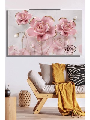 Şehber Tekli, Yatay, Kanvas, Dekoratif, Duvar, Tablosu , Pembe Gold Detaylı 3D Güller,