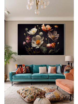 Şehber Tekli Yatay Kanvas Dekoratif Salon Yatak Odası Mutfak Duvar Tablosu Renkli Kır Çiçekleri