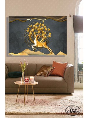 Şehber Tekli Yatay Kanvas Dekoratif Salon Yatak Odası Duvar Tablosu Altın Geyik ve Ağaç Illüstrasyon