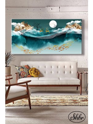 Şehber Tekli Yatay Kanvas Duvar Tablosu Salon Yatak Odası Kafe Ofis Gold Geyik ve Balıklar