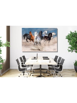 Şehber Tekli Yatay Kanvas Tablo, Yılkılar, Koşan Yabani Atlar, Dekoratif Kanvas Duvar Tablosu