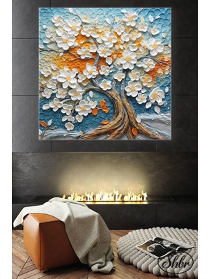 Şehber Tekli Kare Kanvas Duvar Tablosu Salon Yatak Odası Kafe Mutfak Ofis 3D Beyaz Ağaç Illüstrasyon