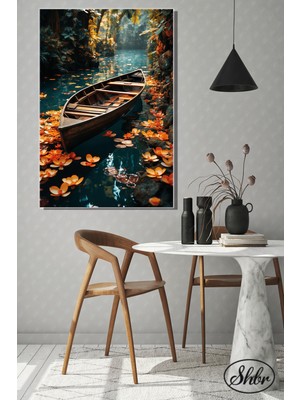 Şehber Tekli Dikey Kanvas Dekoratif Salon Yatak Odası Mutfak Ofis Duvar Tablosu Kayık Lotuslar Manzara