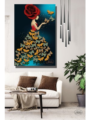 Şehber Tekli Dikey Kanvas Tablo, Gül Şapkalı, Kelebek Etekli Kadın ,dekoratif Kanvas Duvar Tablosu
