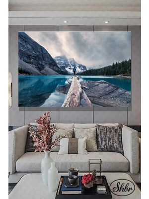 Şehber Tekli Yatay Kanvas Dekoratif Duvar Tablosu Ulusal Park Kış Manzarası, Gezgin Göl ve Dağlar