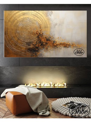 Şehber Tekli Yatay Kanvas Tablo Soyut Altın Gold Efektli Ağaç Yaş Halkaları Dekoratif Kanvas Duvar Tablosu