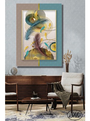 Şehber Tekli Dikey Kanvas Dekoratif Duvar Tablosu Soyut Geometri Illüstrasyon Tüy ve Balıklar 3D