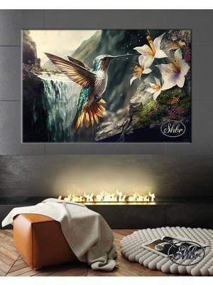 Şehber Tekli Yatay Kanvas Tablo Mavi Altın Tüylü Sinek Kuşu ve Çiçekler Dekoratif Kanvas Duvar Tablosu