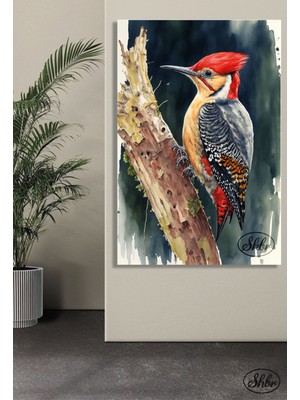 Şehber Tekli Dikey Kanvas Tablo, Kızıl Başlı Ağaç Kakan, Dekoratif Kanvas Duvar Tablosu