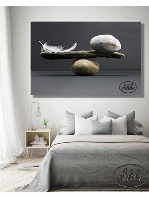 Şehber Tekli Yatay Kanvas Tablo Denge, Taş, Tüy, Tasarım Dekoratif Duvar Tablosu