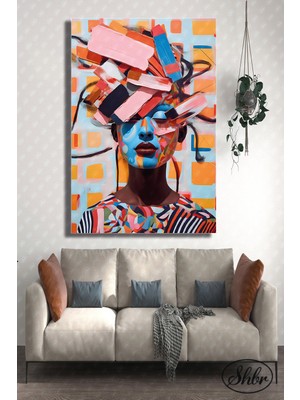 Şehber Tekli Dikey Kanvas Dekoratif Duvar Tablosu Soyut Modern Illüstrasyon Kadın Portre