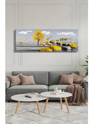 Şehber Modern Illüstrasyon Altın Geyik Temalı Duvar Tablosu Yatay Kanvas Tekli Salon Yatak Odası Ofis