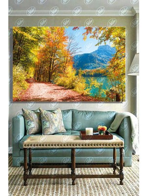 Şehber Tekli Yatay Kanvas Dekoratif Tablo, Avusturya Dağları, Yağlıboya Efektli, Sonbahar Manzarası,