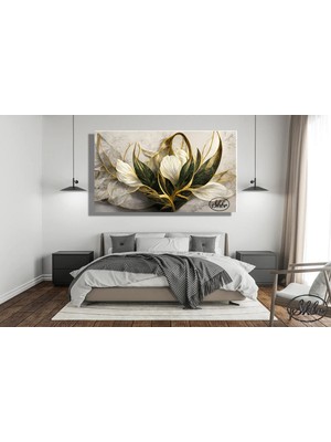 Şehber Tekli Yatay Kanvas Tablo, Ince Detaylı, Yeşil Yapraklı, Beyaz Çiçek, Dekoratif Kanvas Duvar Tablosu