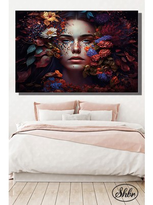 Şehber Tekli Yatay Kanvas Dekoratif Duvar Tablosu Çiçekler Ile Örtülü Güzel Kadın Illüstrasyon