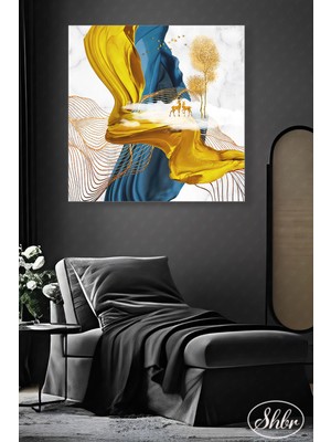 Şehber Tekli Kare Kanvas Dekoratif Duvar Tablosu Salon Yatak Odası Kafe Ofis Altn Geyik Illüstrasyon