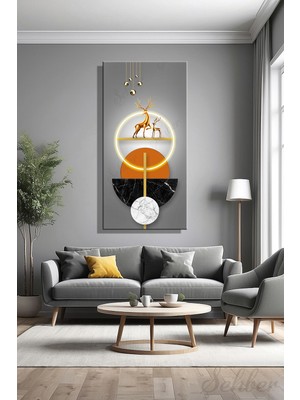 Şehber Modern Dizayn Duvar Tablosu Kanvas Dikey Dekoratif Altın Geyikler