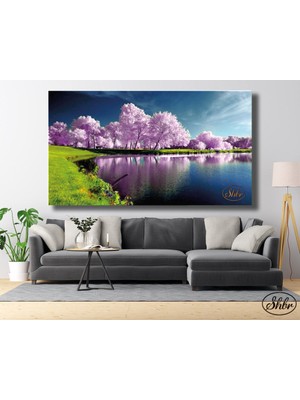 Şehber Tekli Yatay Kanvas Tablo, Göl ve Mor Çiçekli Ağaçlar, Manzara, Dekoratif Kanvas Duvar Tablosu