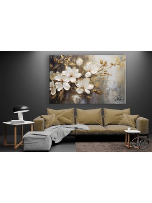 Şehber Tekli Yatay Kanvas Tablo Gold Dallarda Beyaz Çiçekler, 3d, Dekoratif Kanvas Duvar Tablosu