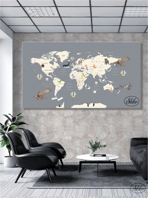 Şehber Tekli Yatay Kanvas Tablo, Dünya Haritası, Dekoratif Kanvas Duvar Tablosu