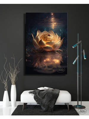 Şehber Tekli Dikey Kanvas Tablo, Gold Tasarım, Mehtapta Lotus Çiçeği, Dekoratif Kanvas Duvar Tablosu