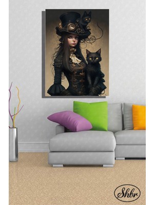 Şehber Tekli Dikey Kanvas Dekoratif Duvar Tablosu Ortaçağ Kedili Kadın Illüstrasyon