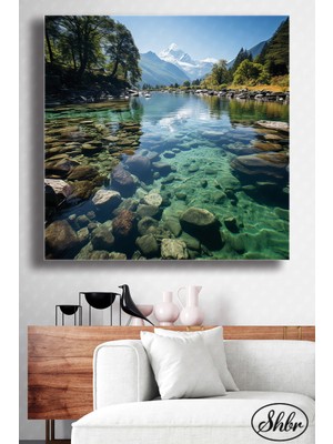 Şehber Tekli Kare Kanvas Duvar Tablosu Salon Yatak Odası Mutfak Kafe Ofis Berrak Nehir ve Ağaçlar