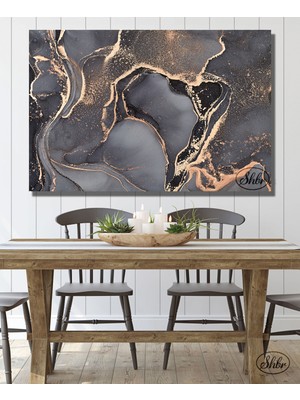 Şehber Tekli Yatay Kanvas Dekoratif Duvar Tablosu, Soyut, Altın Varaklı, Gri Mermer