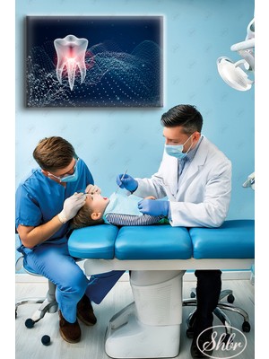 Şehber Tekli Yatay Dekoratif Kanvas Tablo Dişçi Ağız Diş Sağlığı Poliklinik Hastane Diş Illüstrasyon