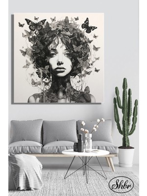 Şehber Tekli Kare Kanvas Salon Yatak Odası Mutfak Ofis Duvar Tablosu Kelebekler Kız Portre Illüstrasyon