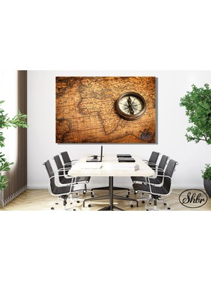 Şehber Tekli Yatay Kanvas Tablo, Dünya Haritası, Vintage Pusula, Dekoratif Kanvas Duvar Tablosu