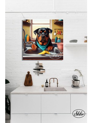 Şehber Tekli Kare Kanvas Dekoratif Duvar Tablosu , Bulaşık Yıkayan Köpek, Rotweiller,